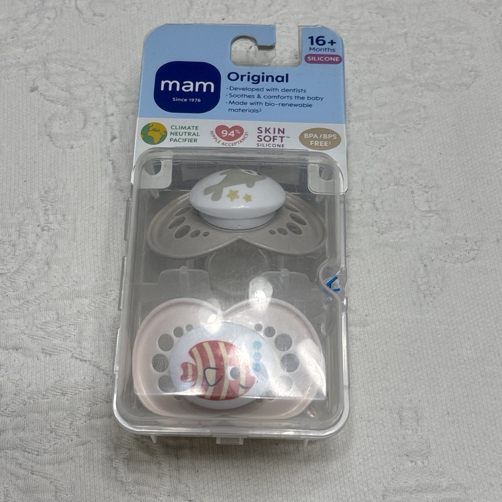 MAM Original 2-Pk Tan Fish Seal BPA Free Pacifiers W/ Case{16+Months}